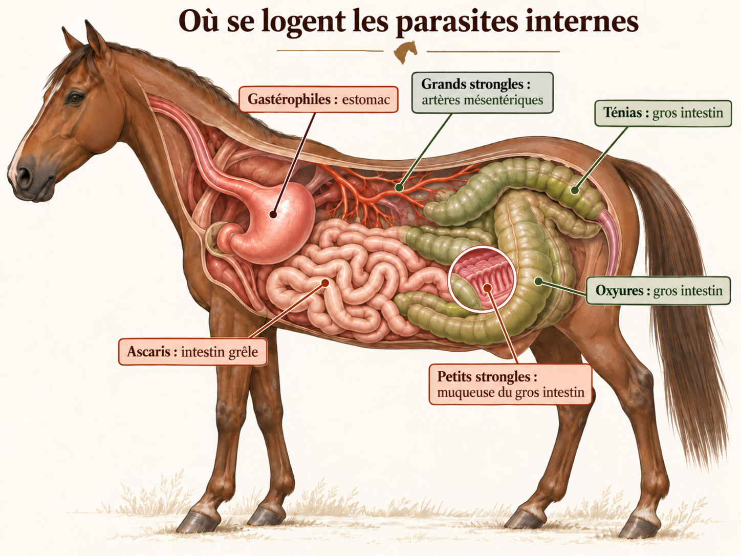 Planche légendée des parasites internes du cheval et de leur localisation dans l’appareil digestif