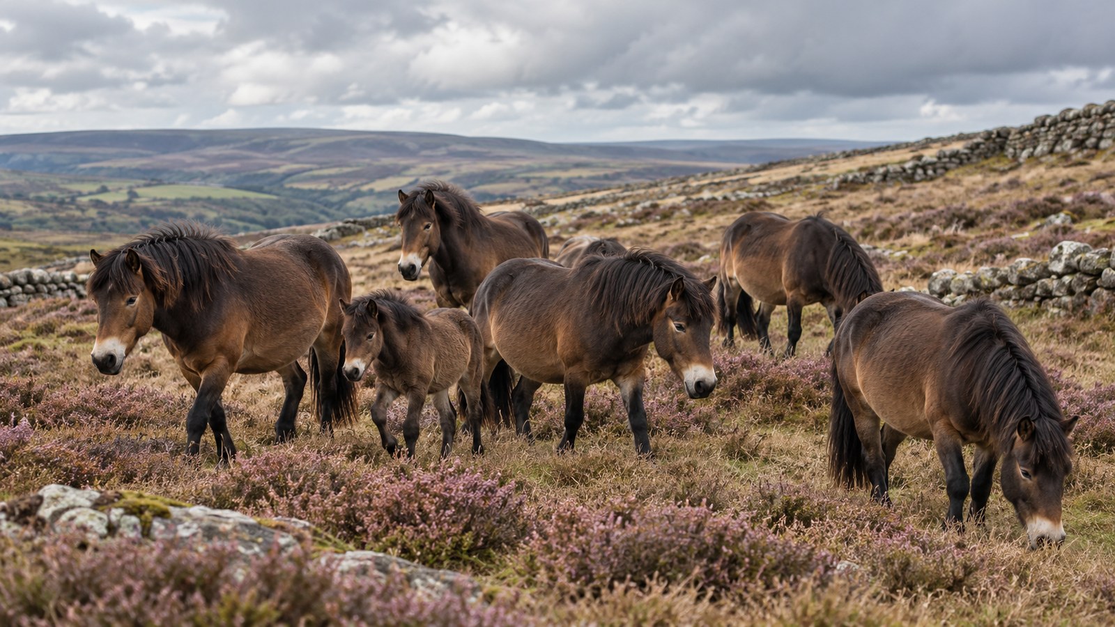 Harde de poneys Exmoor en semi-liberté sur la lande, toutes les robes identiques