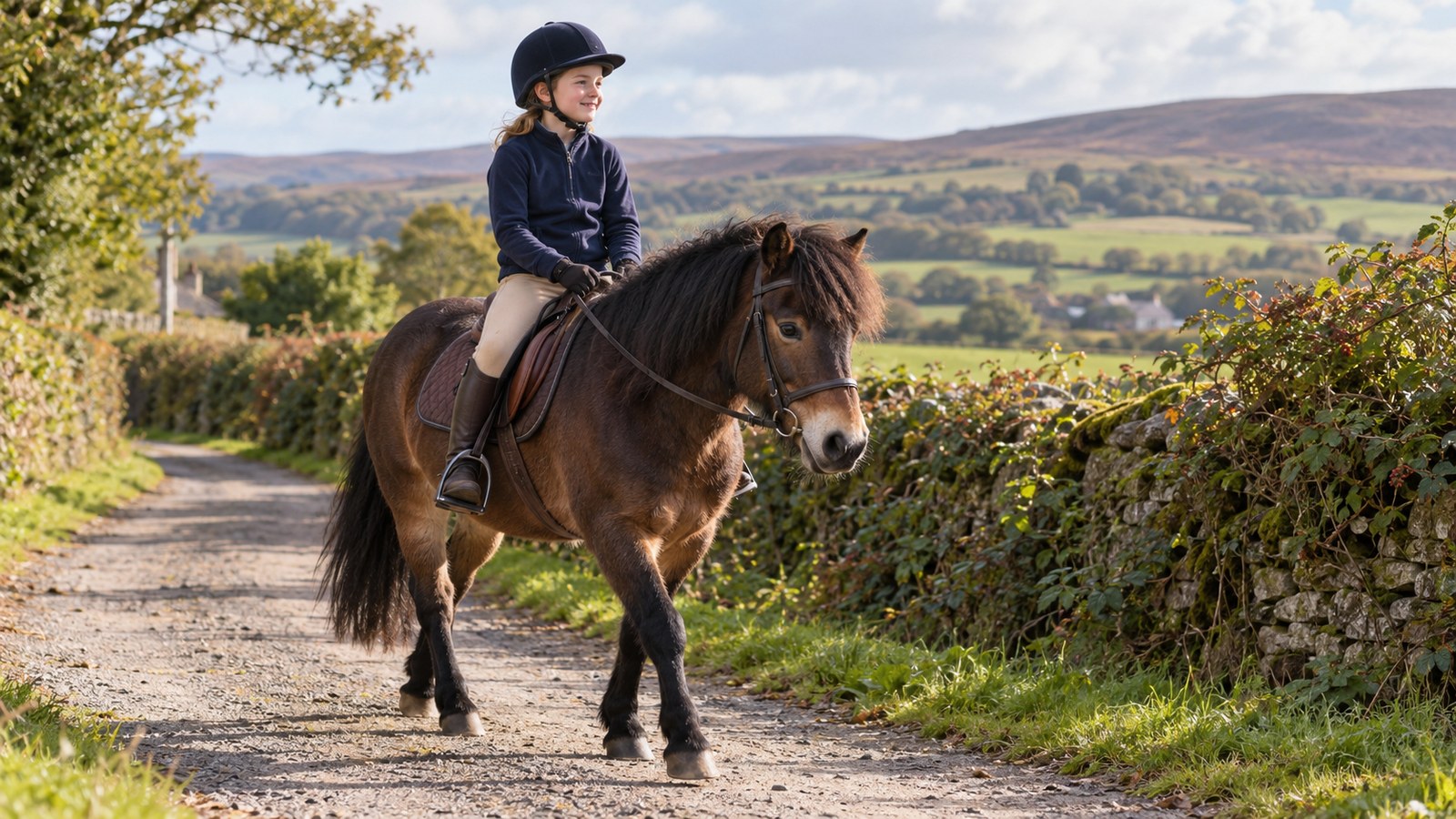 Jeune cavalière casquée montant un poney Exmoor sur un chemin de campagne