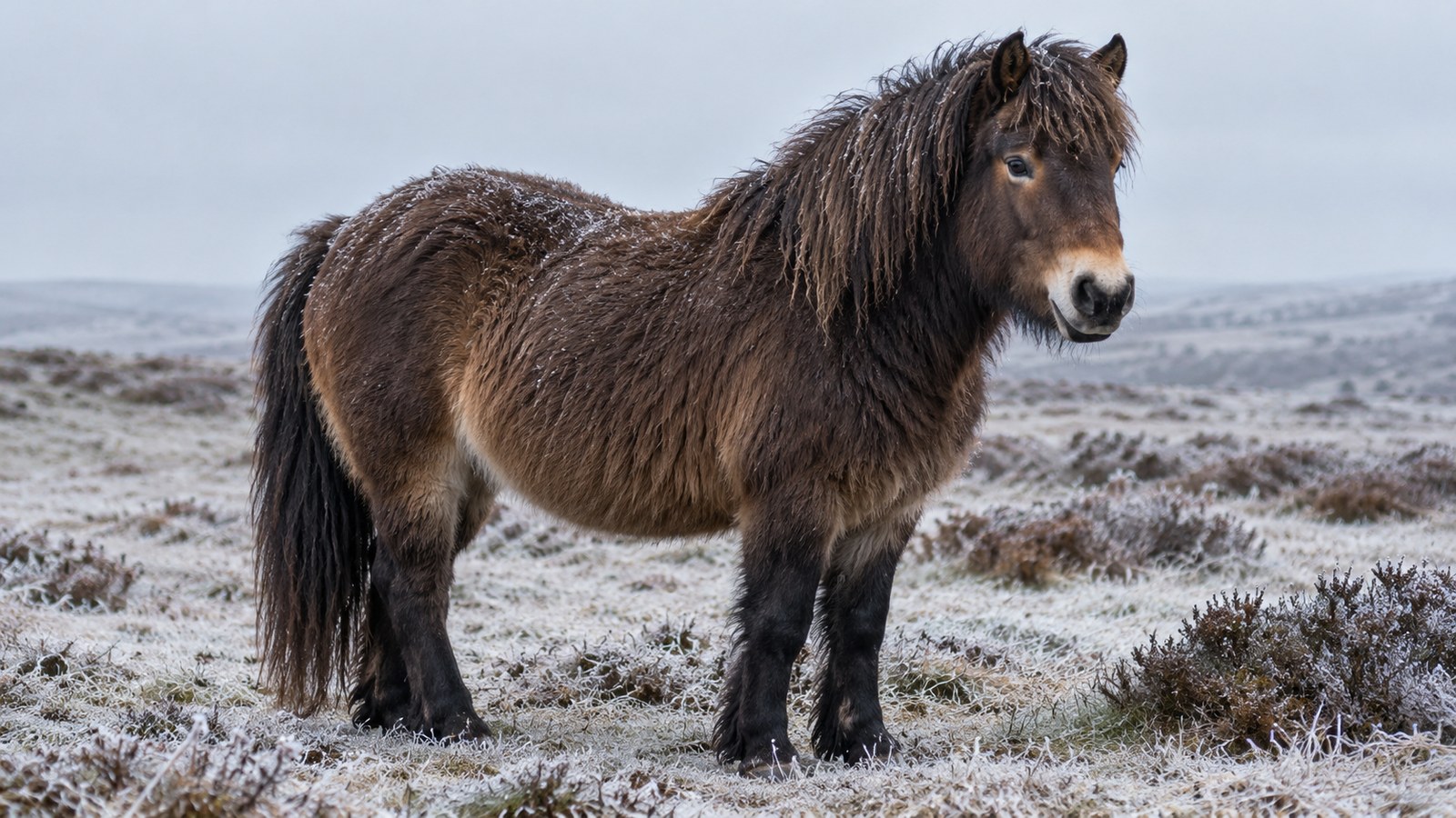 Poney Exmoor en pelage d'hiver, poil long et laineux, sur une lande givrée
