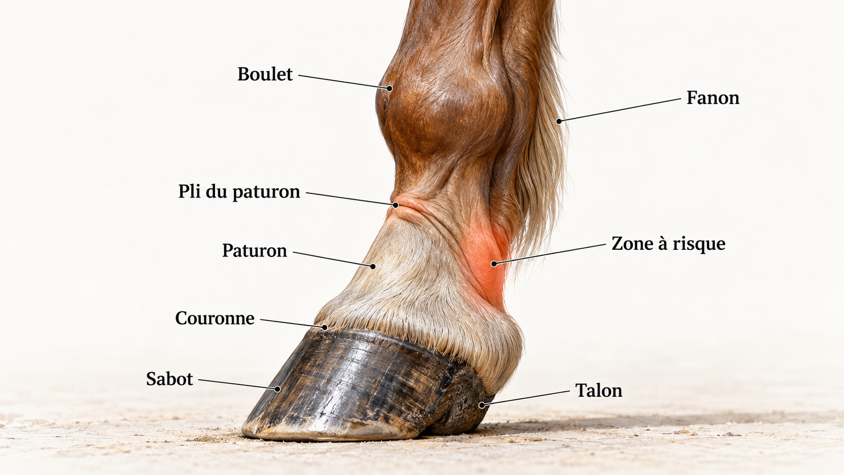 Schéma légendé du bas du membre du cheval : boulet, fanon, pli du paturon, paturon, couronne et sabot, avec la zone à risque de gale de boue