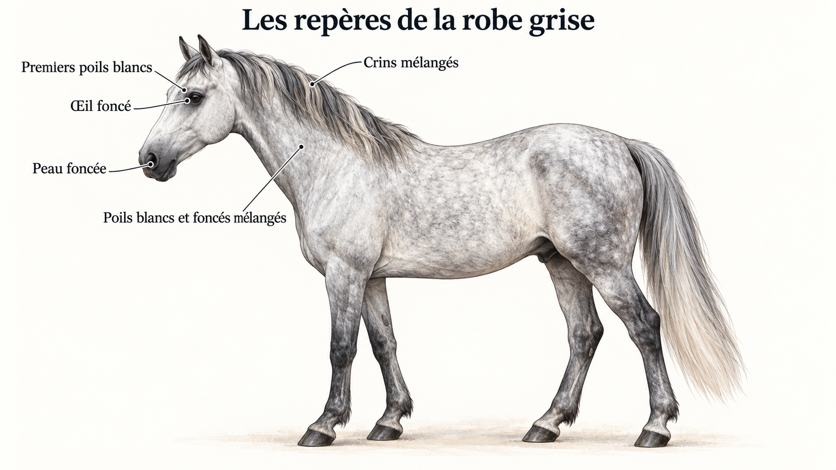 Schéma légendé des repères de la robe grise : peau foncée, œil foncé, poils et crins mélangés