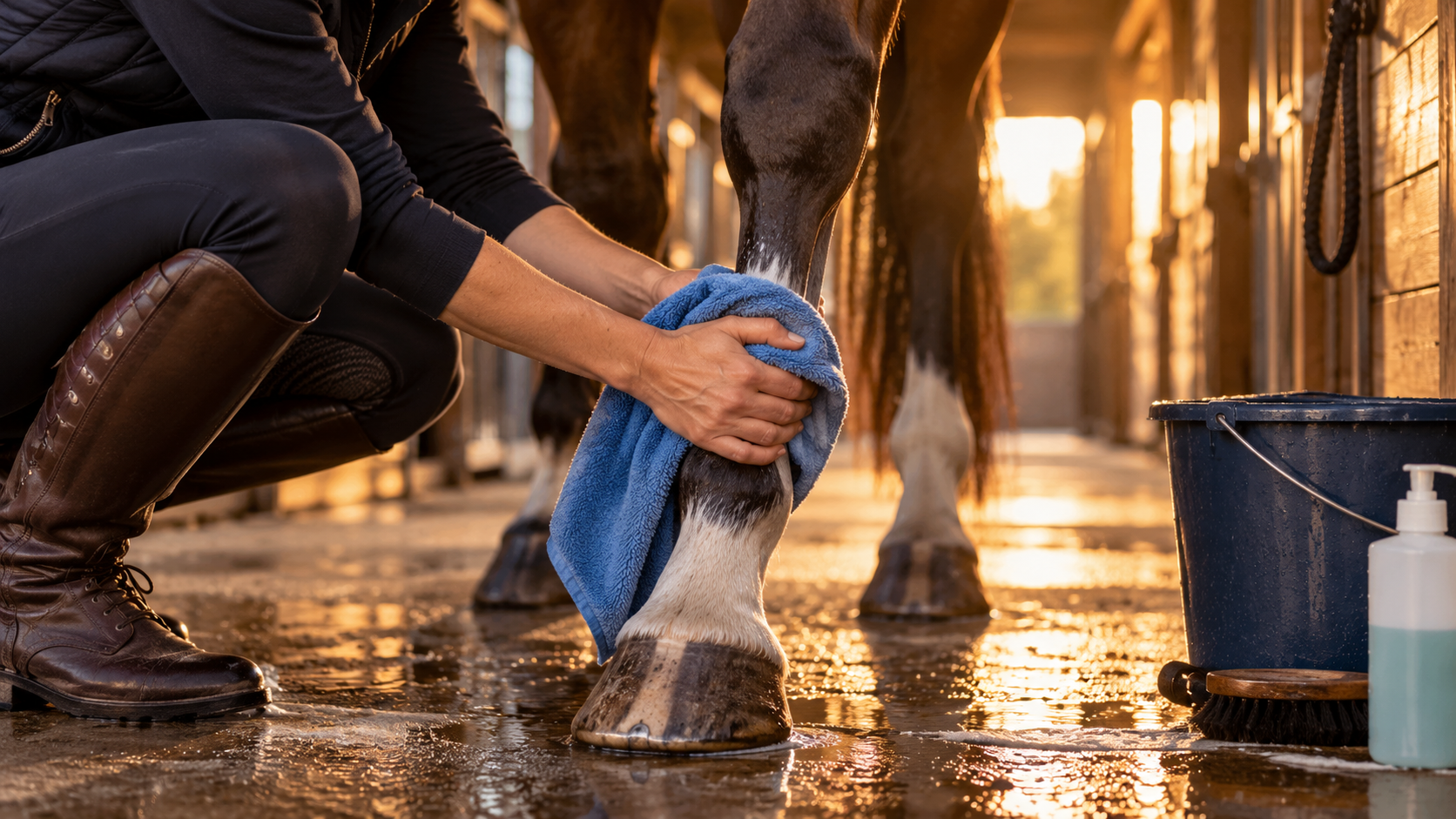Cavalier qui sèche le bas du membre de son cheval avec une serviette en microfibre après la douche