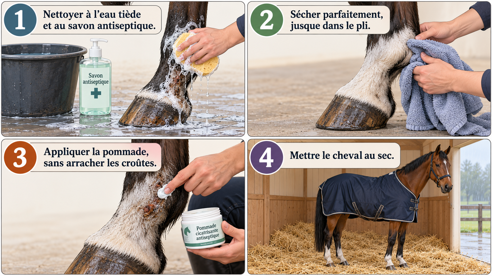 Planche en quatre étapes du soin de la gale de boue : nettoyer, sécher, appliquer la pommade, mettre le cheval au sec