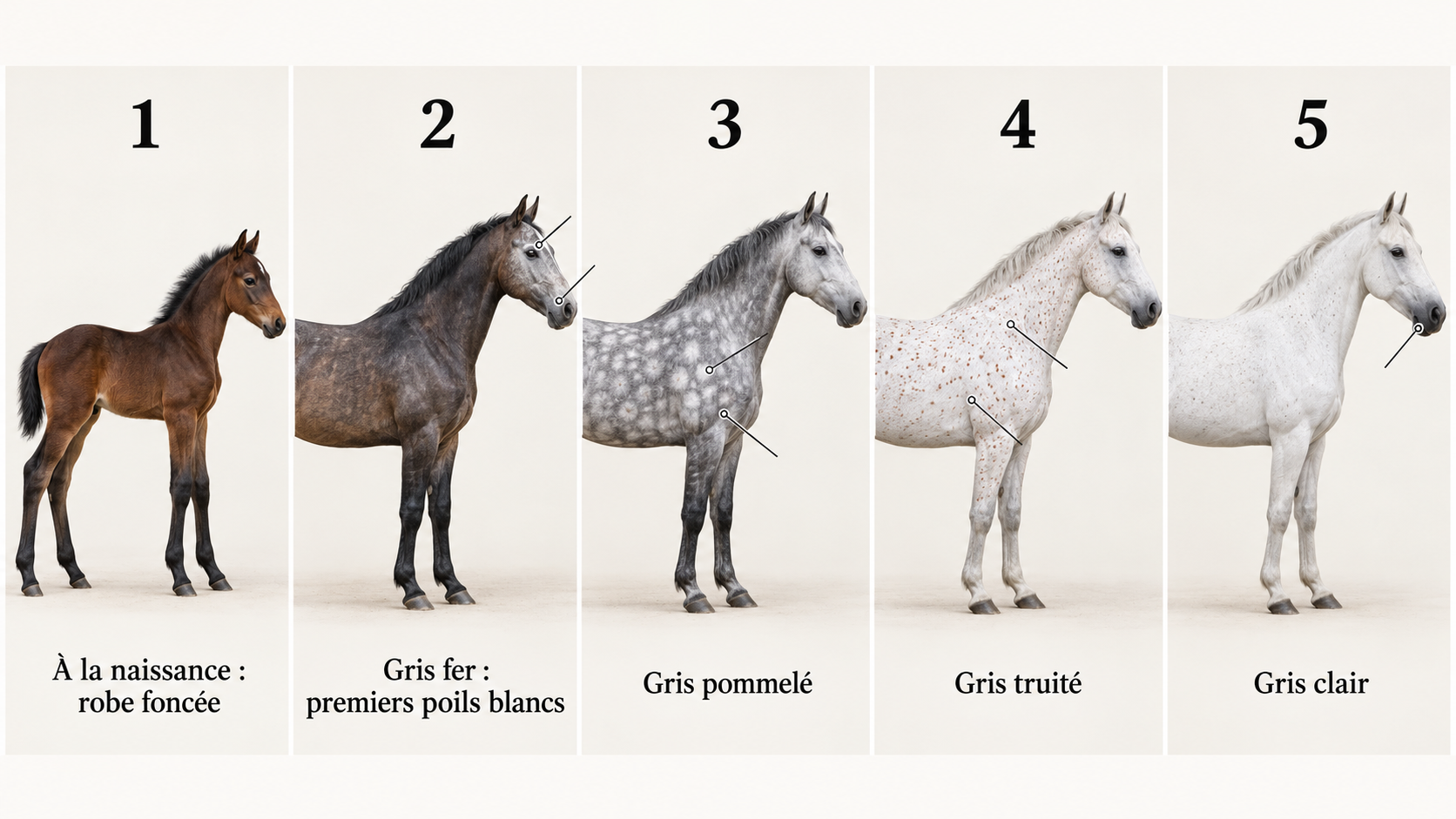 De la naissance au gris clair : les cinq stades du grisonnement du cheval