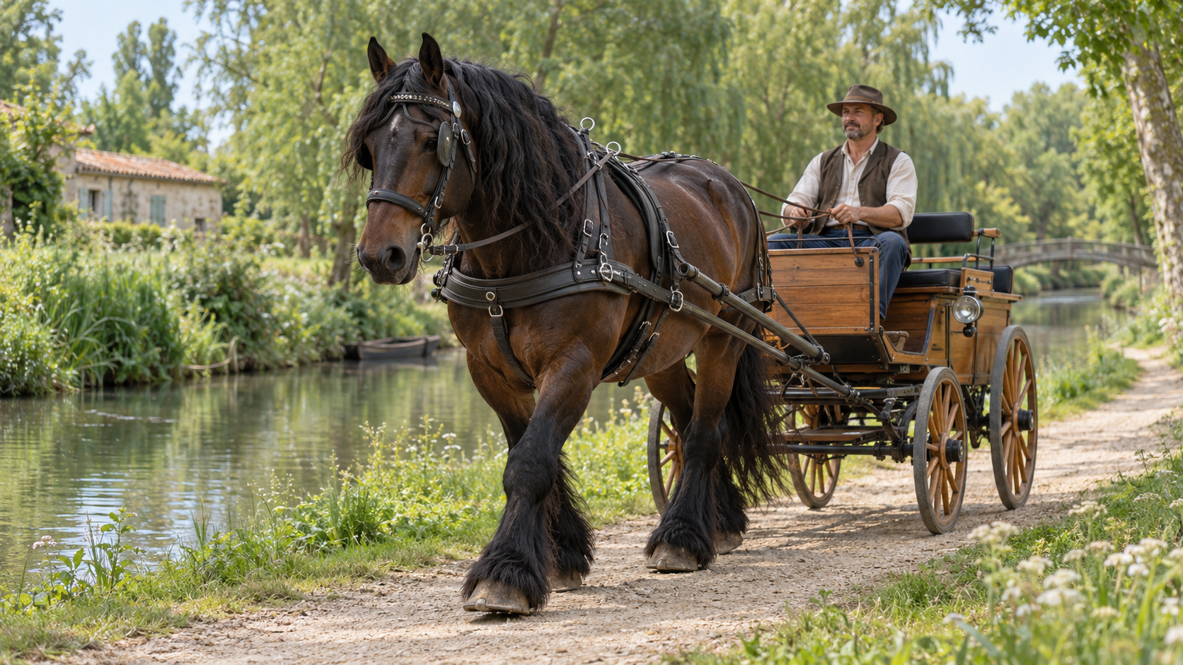 Trait Poitevin Mulassier attelé à une voiture de loisir le long d’un canal du Marais poitevin