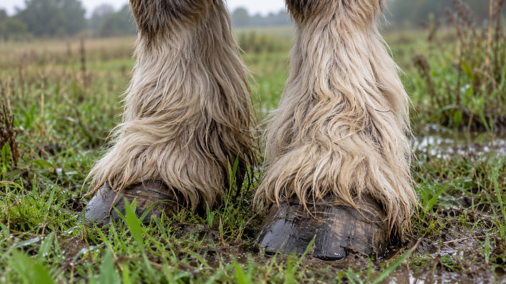 Fanons épais et sabots larges d’un Trait Poitevin Mulassier dans une prairie humide