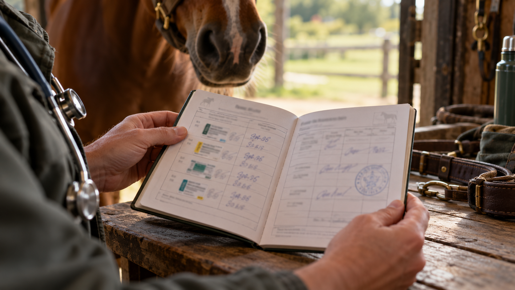Vignettes vaccinales collées, datées et signées dans le livret signalétique d’un cheval